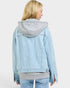 Beach Rose Co. light wash denim jacket with gray hood and ribbed hem, 100% cotton, relaxed fit, zip front, chest pockets.