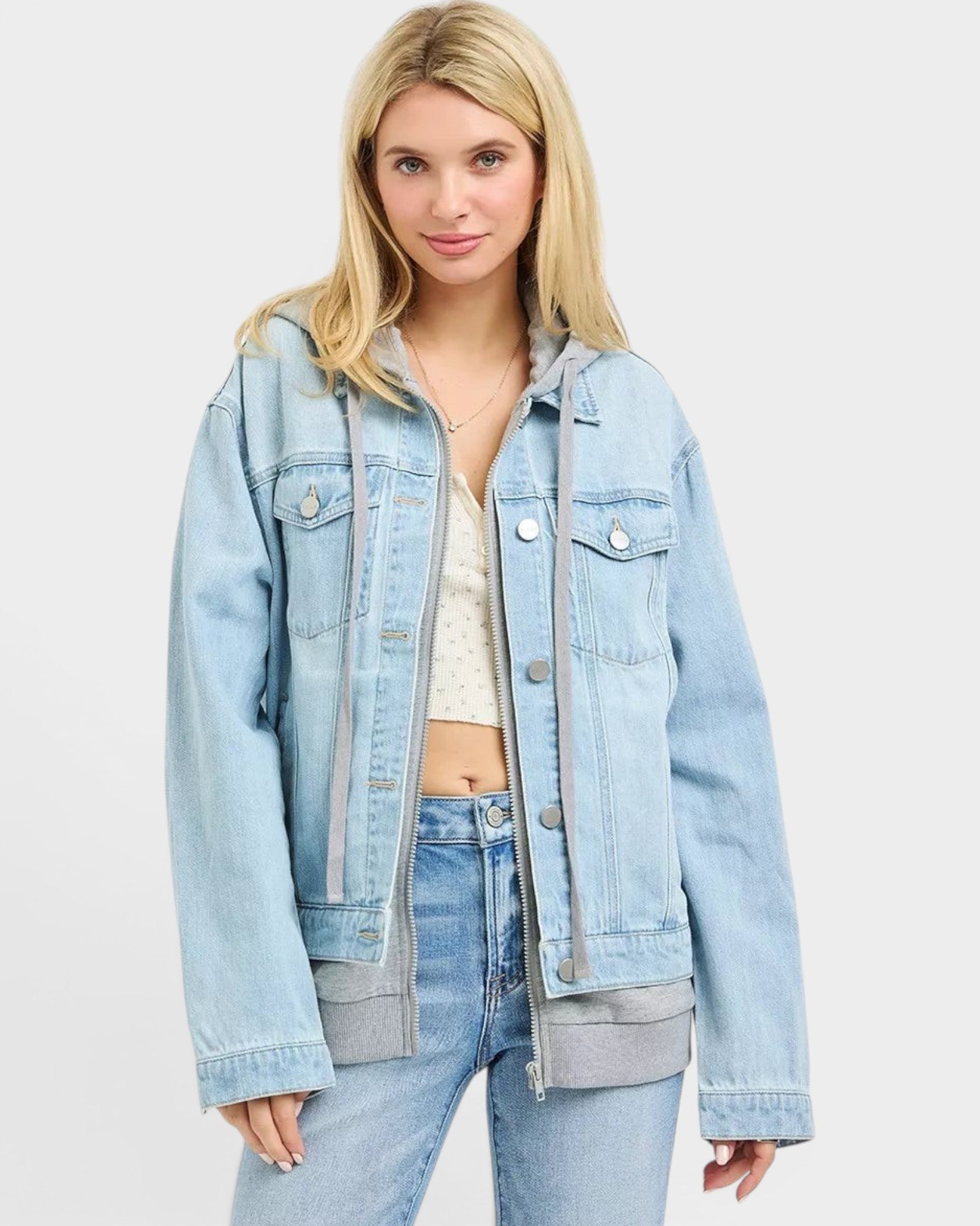 Beach Rose Co. light wash denim jacket with gray hood and ribbed hem, zip front, chest pockets, relaxed fit.