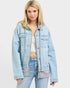 Beach Rose Co. light wash denim jacket with gray hood and ribbed hem, zip front, chest pockets, relaxed fit.