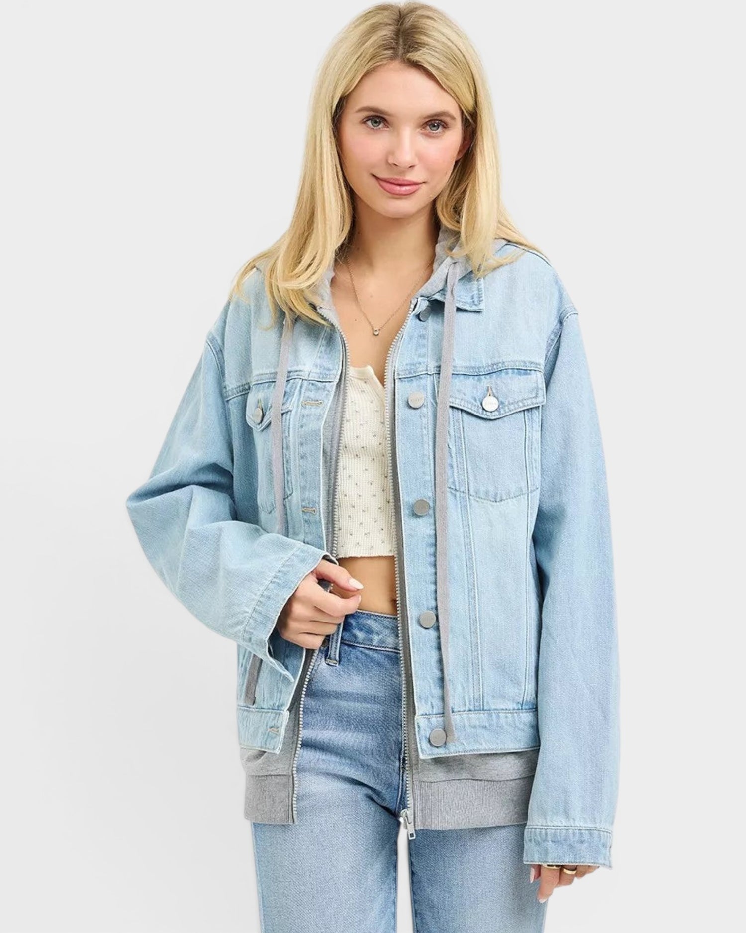 Beach Rose Co. light wash 100% cotton denim jacket with gray hood and ribbed hem, zip front, chest pockets, relaxed fit.