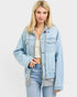 Beach Rose Co. light wash 100% cotton denim jacket with gray hood and ribbed hem, zip front, chest pockets, relaxed fit.