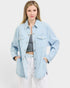 Beach Rose Co. light wash denim jacket with subtle vertical stripe texture, collared neckline, button front, and chest pockets.