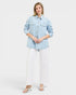 Beach Rose Co. light wash denim jacket with subtle vertical stripes, collared neckline, button front, and chest pockets. 100% cotton.