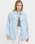 Beach Rose Co. light wash denim jacket with subtle vertical stripes, collared neckline, button front, and chest pockets. 100% cotton.
