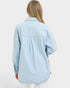 Beach Rose Co. light wash denim jacket with subtle vertical stripes, collared neckline, button front, and oversized fit.