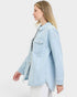 Beach Rose Co. light wash denim jacket with subtle vertical stripes, collared neckline, button front, and chest pockets.