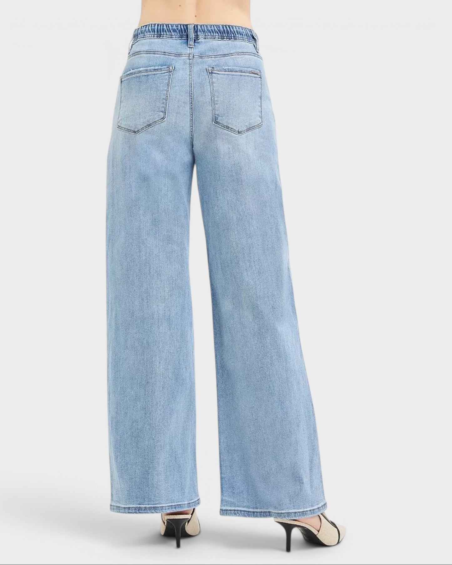 Beach Rose Co. light wash denim wide leg jeans with elastic waistband and drawstring, pocketed.