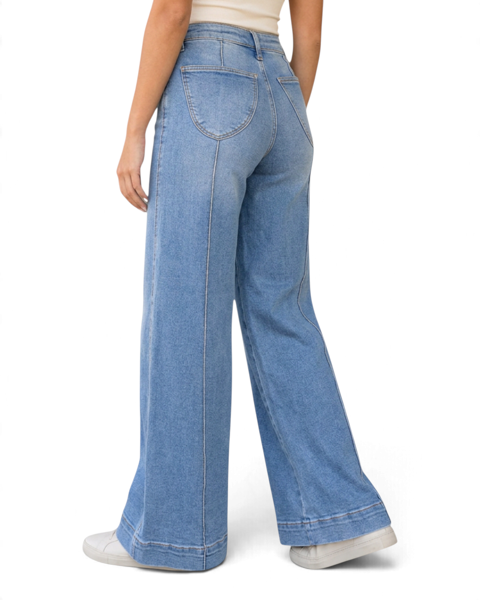 Beach Rose Co. light wash wide leg jeans with vertical seam details and deep stitched hems, back view.