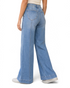 Beach Rose Co. light wash wide leg jeans with vertical seam details and deep stitched hems, back view.