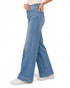 Beach Rose Co. light wash wide leg jeans with vertical seam details and deep stitched hems worn with white sneakers