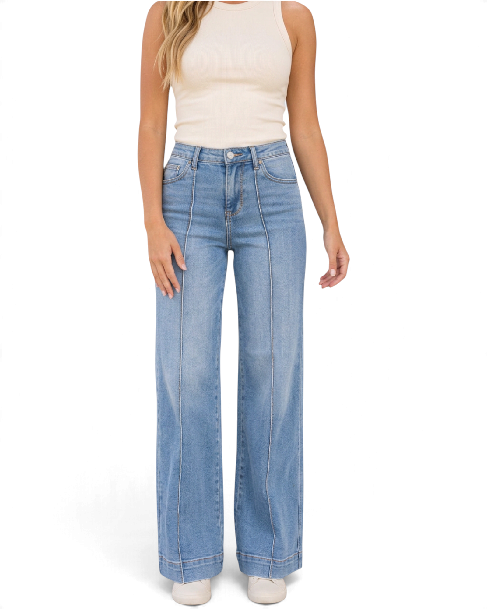 Beach Rose Co. light wash wide leg jeans with vertical seam details and deep stitched hems on a model