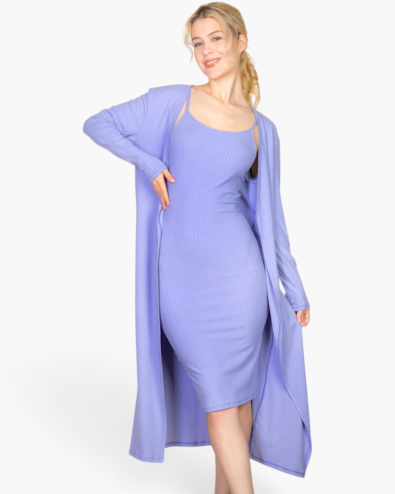 Beach Rose Co. lilac ribbed midi bodycon dress and matching long cardigan set worn by a smiling blonde model.
