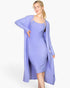 Beach Rose Co. lilac ribbed midi bodycon dress and matching long cardigan set worn by a smiling blonde model.