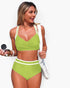Beach Rose Co. lime green high-waisted bikini with white contrasting trim and a flattering cross-front top design.