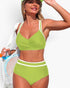Beach Rose Co. lime green high-waisted bikini with cross-front top and white contrasting trim on a smiling model.