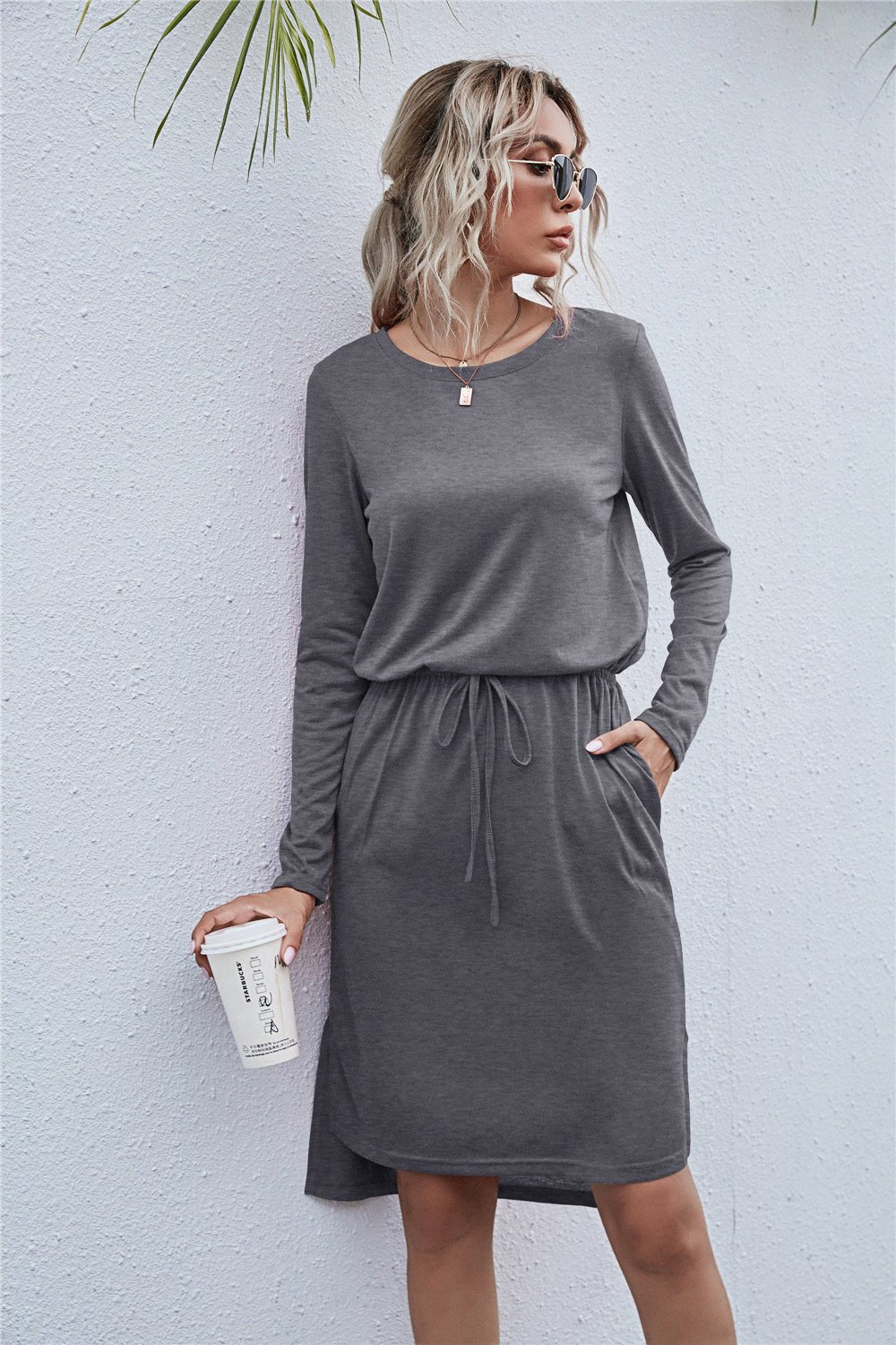 Beach Rose Co. - Long Sleeve Tie Waist Below Knee Dress