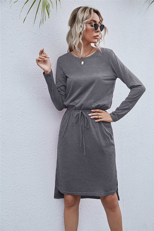 Beach Rose Co. - Long Sleeve Tie Waist Below Knee Dress