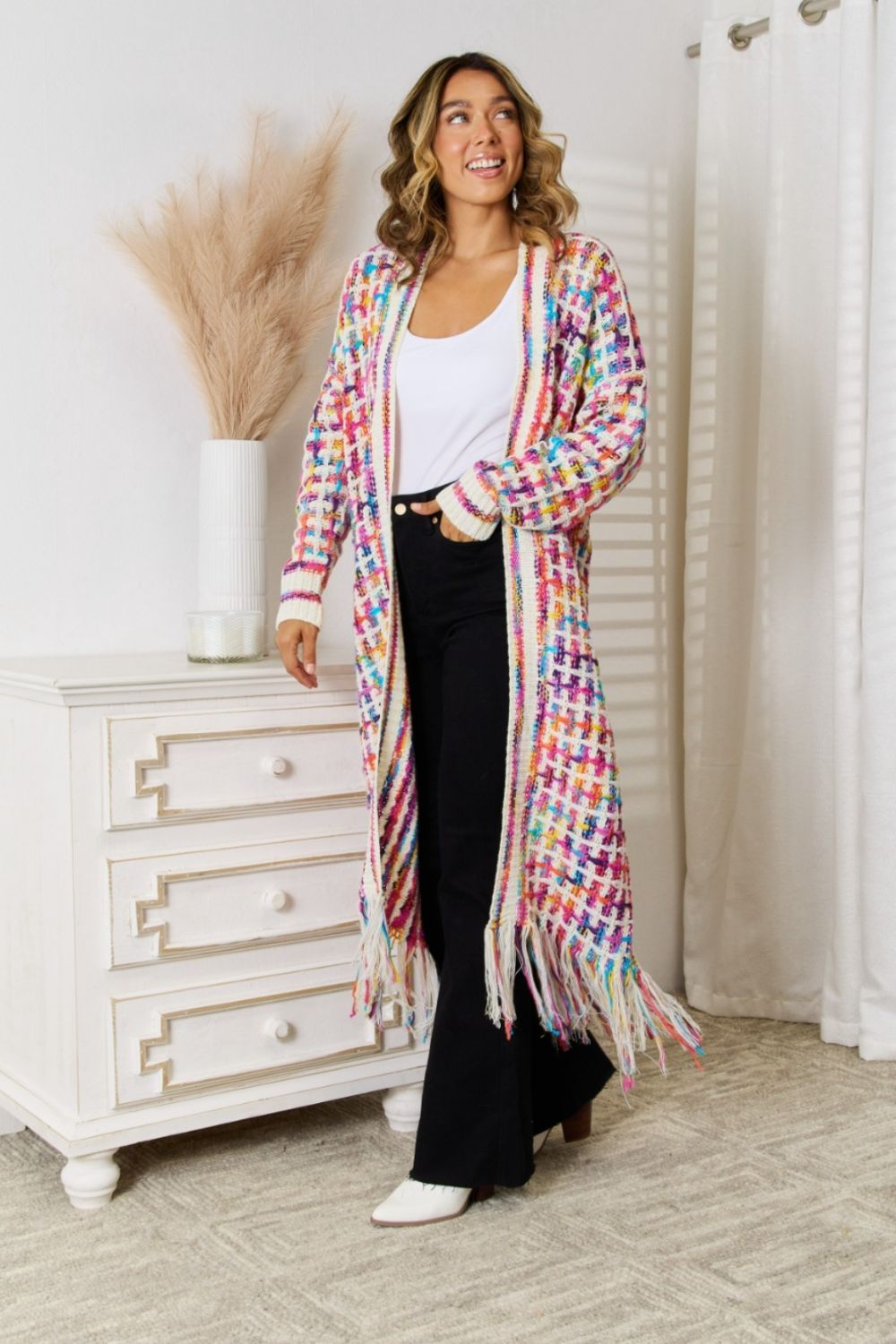 Beach Rose Co. - Longline Open Front Fringe Hem Cardigan