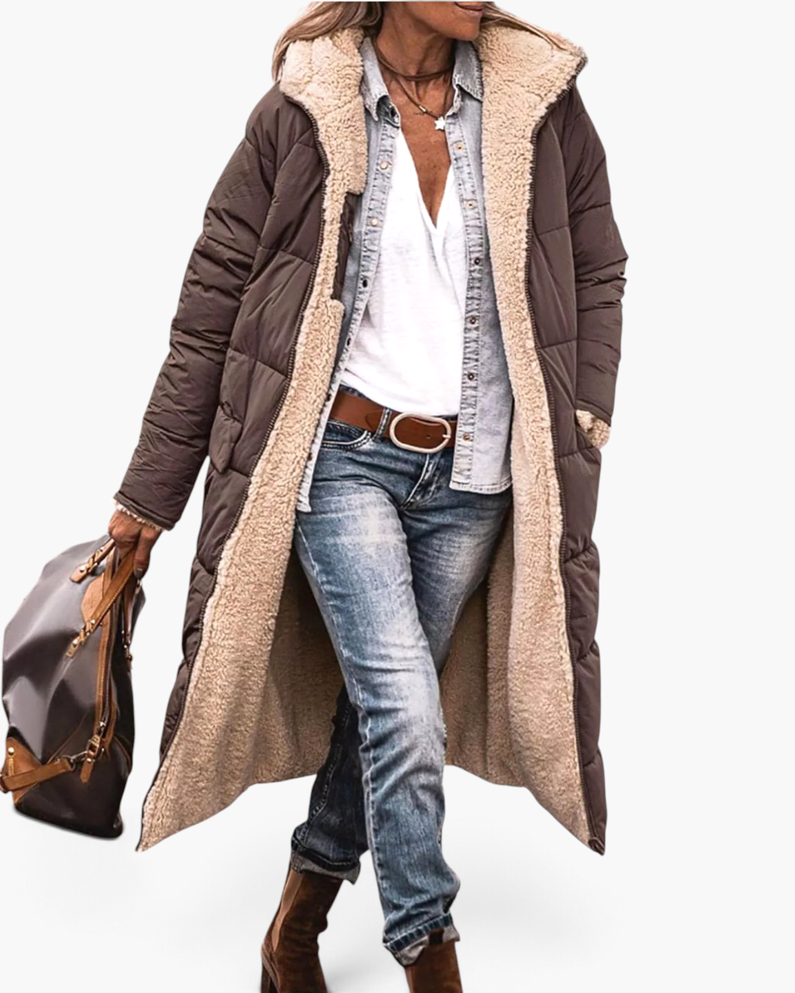 Beach Rose Co. brown longline quilted coat with plush fleece lining, hood, and front zip, worn over jeans and boots.