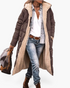 Beach Rose Co. brown longline quilted coat with plush fleece lining, hood, and front zip, worn over jeans and boots.