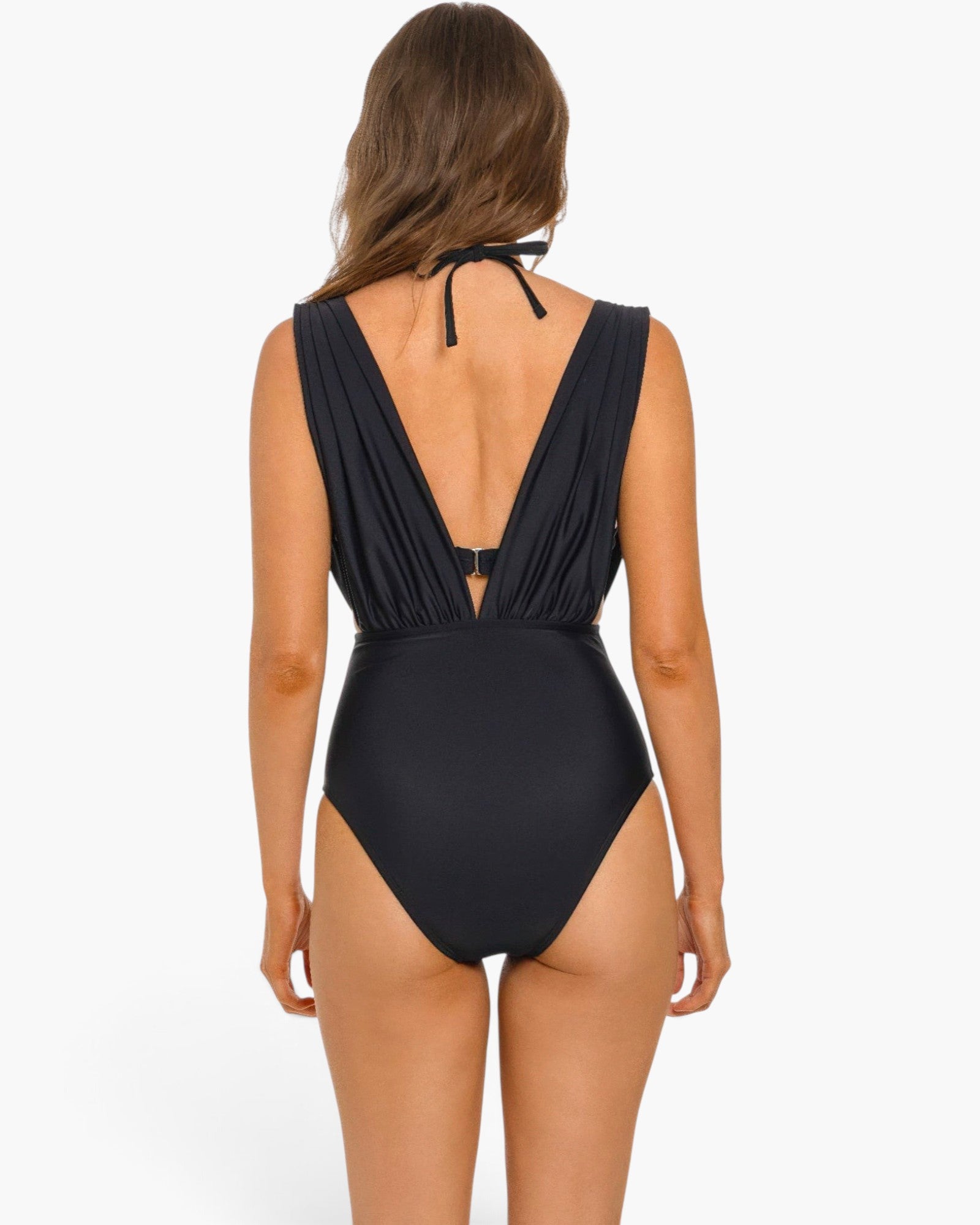 Beach Rose Co. Lucie black two-piece swimsuit seen from the back, featuring a deep V-back and classic coverage.