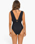 Beach Rose Co. Lucie black two-piece swimsuit seen from the back, featuring a deep V-back and classic coverage.