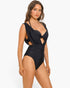 Beach Rose Co. Lucie black two-piece swimsuit with sweetheart neckline, molded cups, and underwire support on a model.