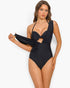 Beach Rose Co. Lucie black two-piece swimsuit with sweetheart neckline, molded cups, and elegant draped shoulder detail.