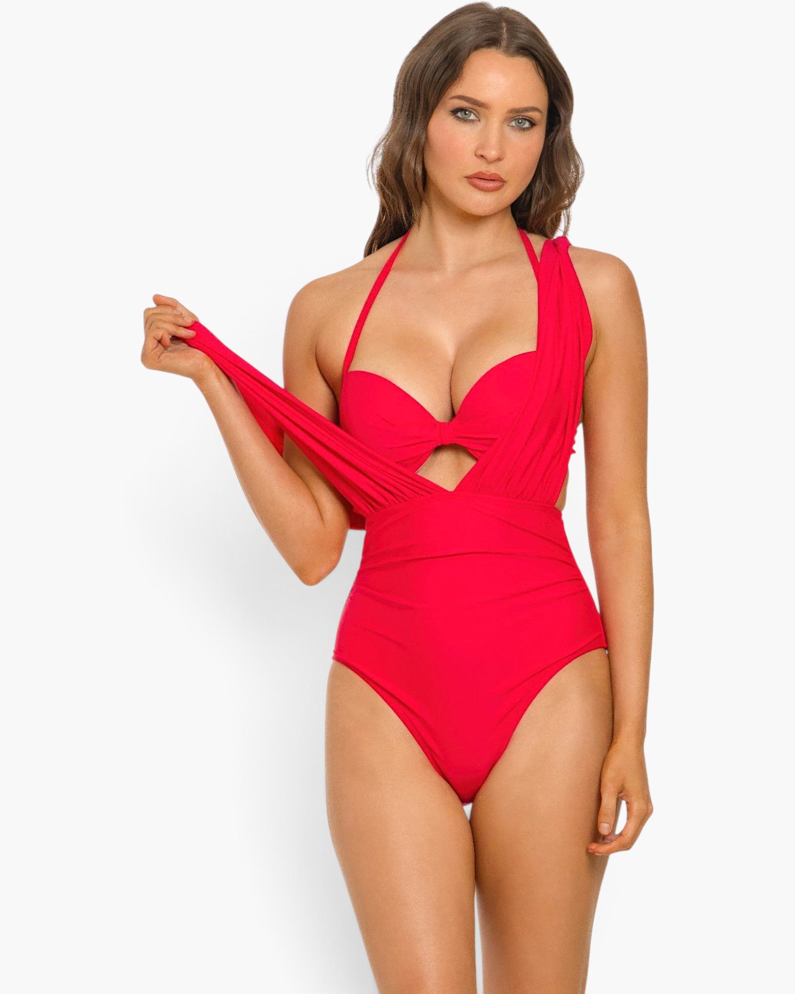 Beach Rose Co. Lucie red two-piece swimsuit with sweetheart neckline, molded cups, and adjustable straps on a model.