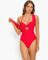 Beach Rose Co. Lucie red two-piece swimsuit with sweetheart neckline, molded cups, and adjustable straps on a model.
