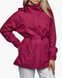 Beach Rose Co. magenta hooded jacket with drawstring waist, zip front, and snap placket on a model
