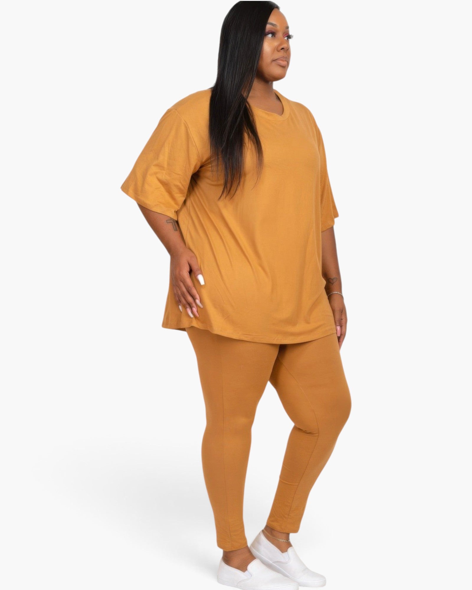 Beach Rose Co. plus size mango oversized t-shirt and leggings lounge set on a model with white sneakers