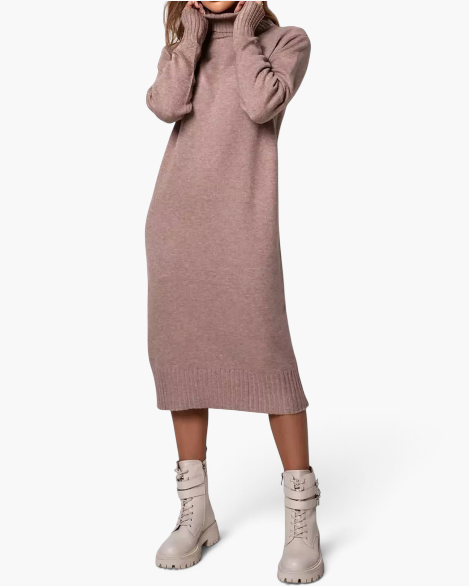Beach Rose Co. mauve midi sweater dress with a ribbed turtleneck, long sleeves, and a relaxed stretch knit fit.