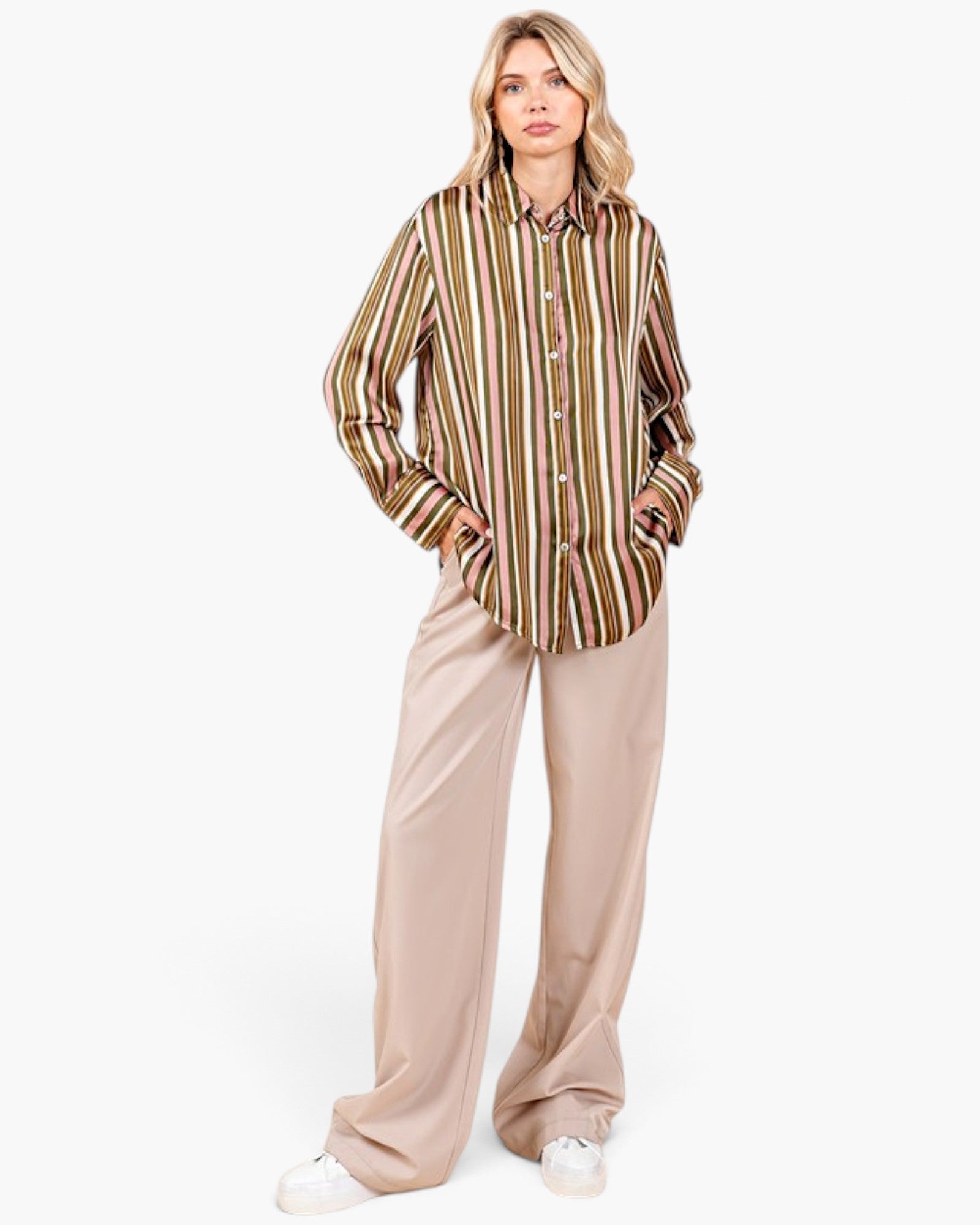 Beach Rose Co. mauve multi-stripe satin button-up shirt with long sleeves and a relaxed fit worn by a blonde model.