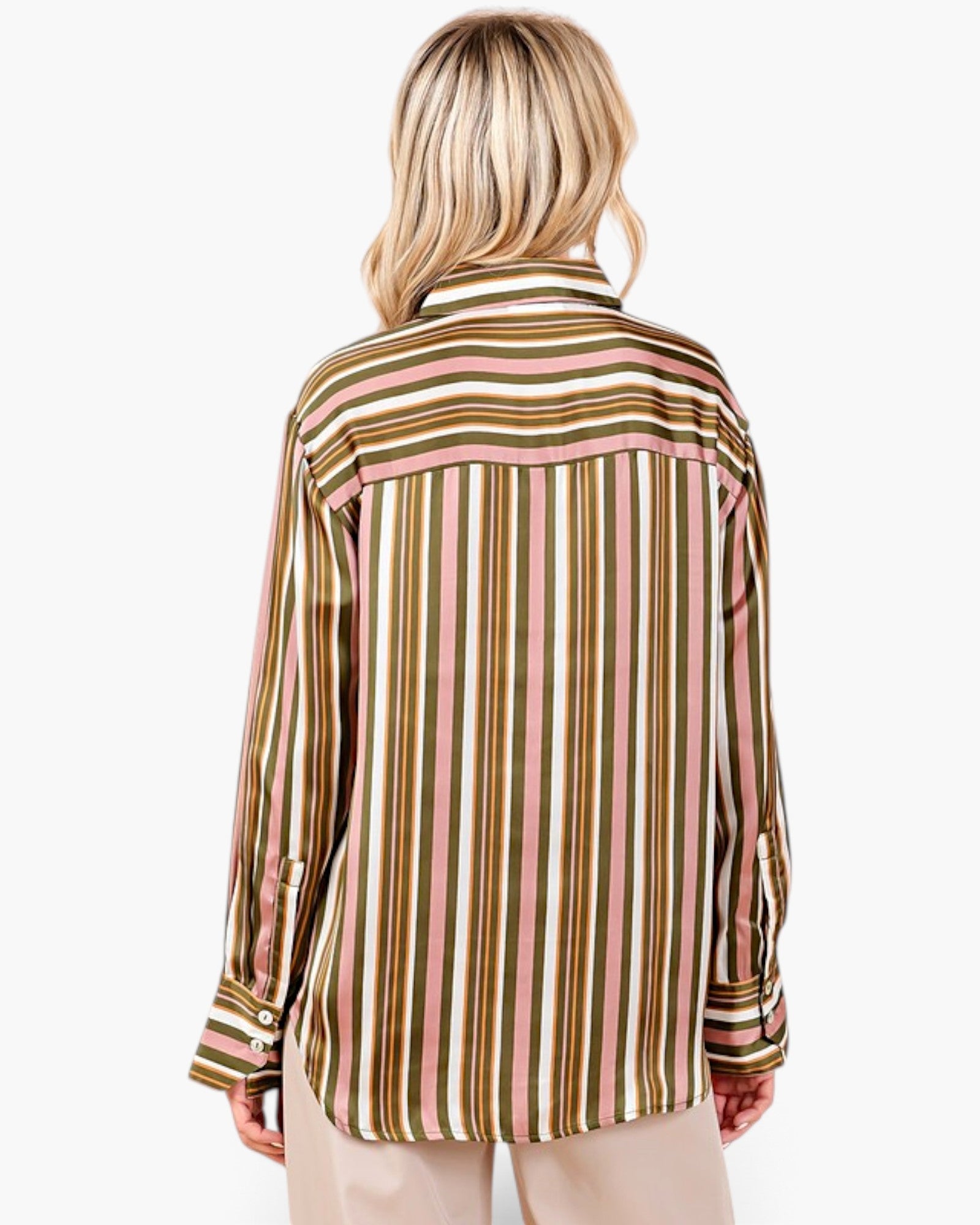 Beach Rose Co. mauve multi-stripe satin button-up shirt with a classic collar and wide cuffs, back view.