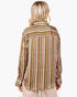 Beach Rose Co. mauve multi-stripe satin button-up shirt with a classic collar and wide cuffs, back view.