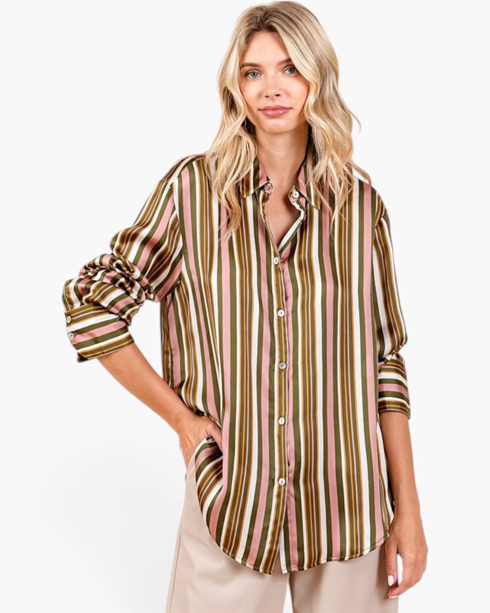 Beach Rose Co. mauve multi-stripe satin button-up shirt with a classic collar and relaxed fit on a blonde model.