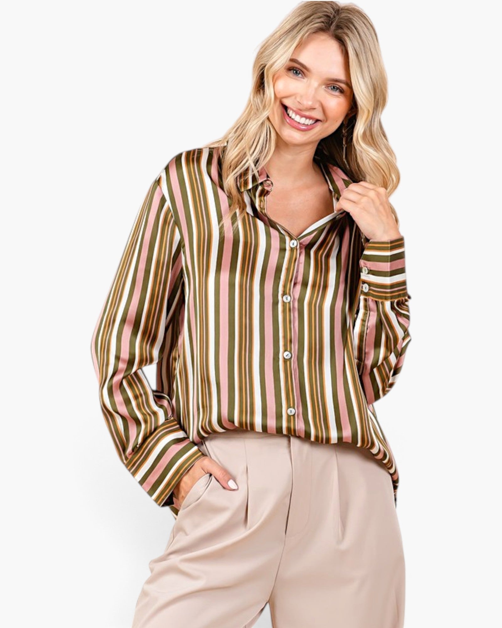 Beach Rose Co. mauve multi-stripe satin button-up shirt with long sleeves and a relaxed fit on a smiling model