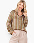Beach Rose Co. mauve multi-stripe satin button-up shirt with long sleeves and a relaxed fit on a smiling model