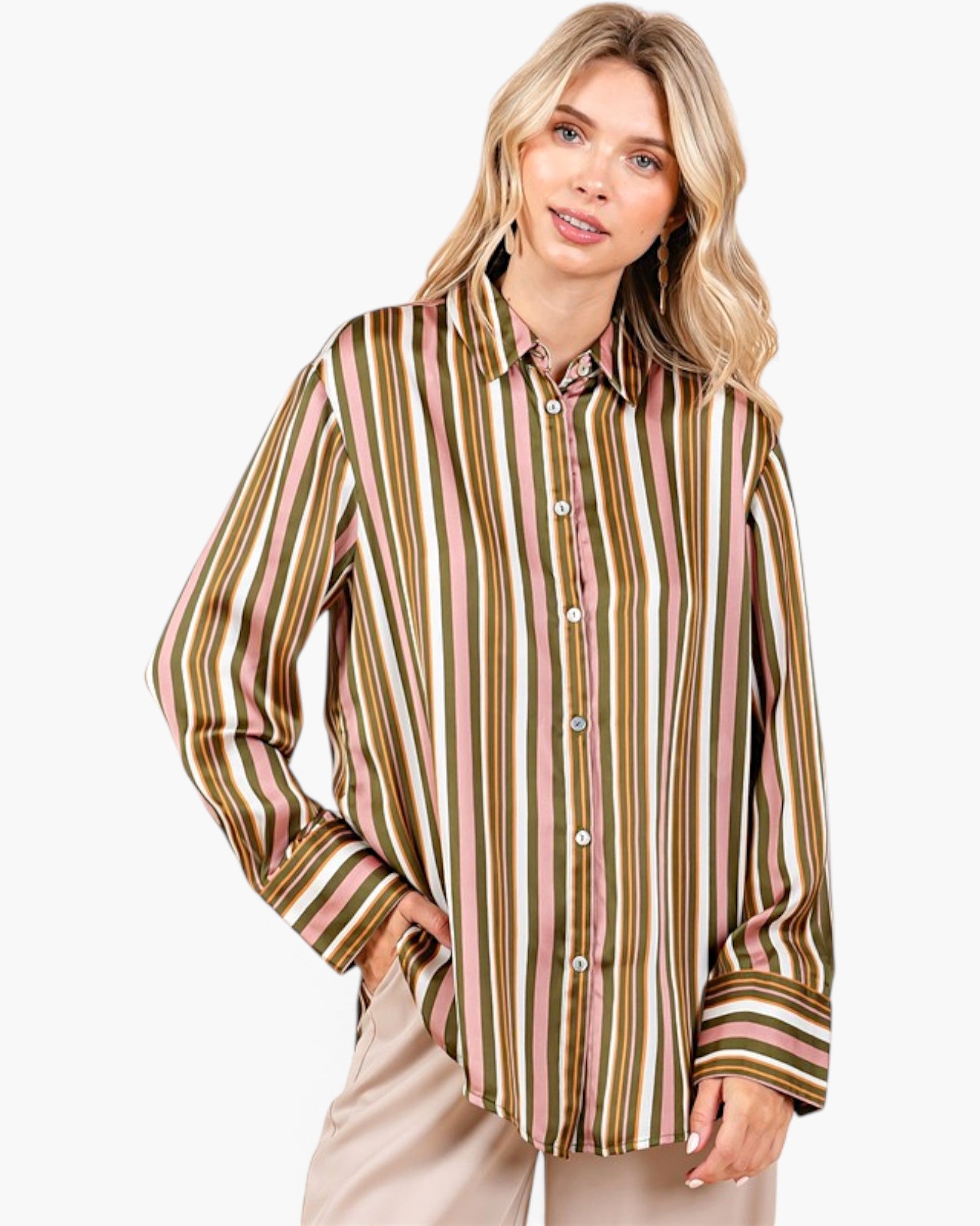 Beach Rose Co. mauve multi-stripe satin button-up shirt with a classic collar and wide cuffs on a blonde model