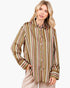 Beach Rose Co. mauve multi-stripe satin button-up shirt with a classic collar and wide cuffs on a blonde model