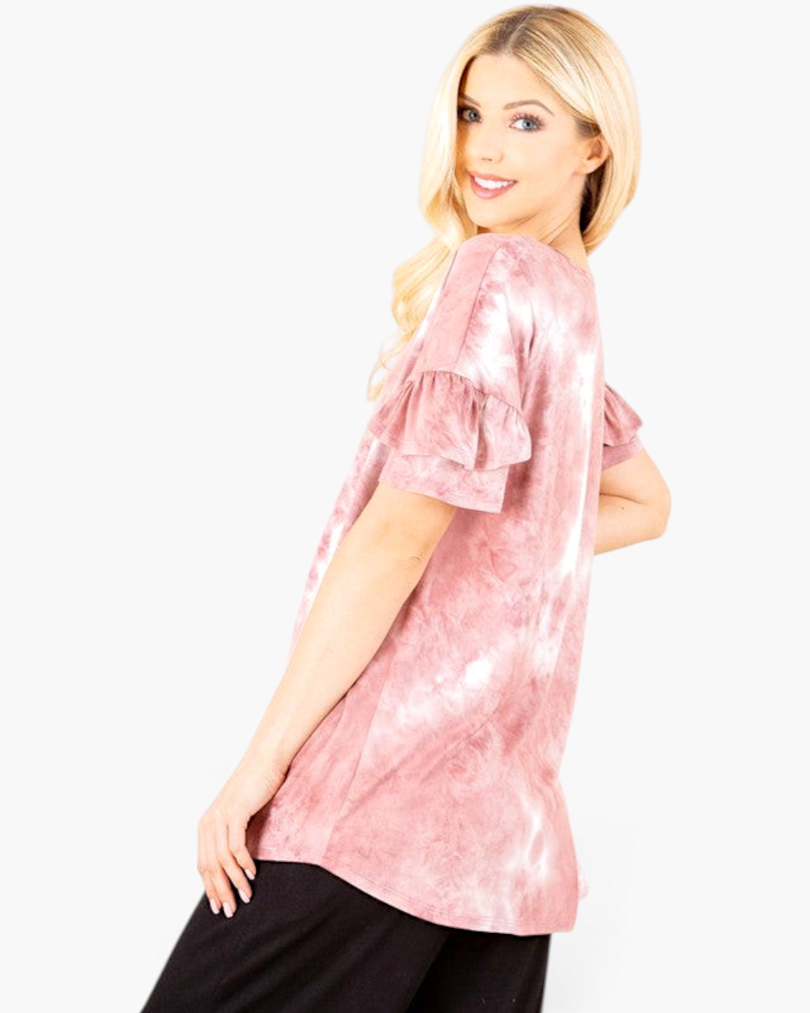 Beach Rose Co. mauve tie-dye top with layered ruffle sleeves worn by a blonde model in a side profile view.