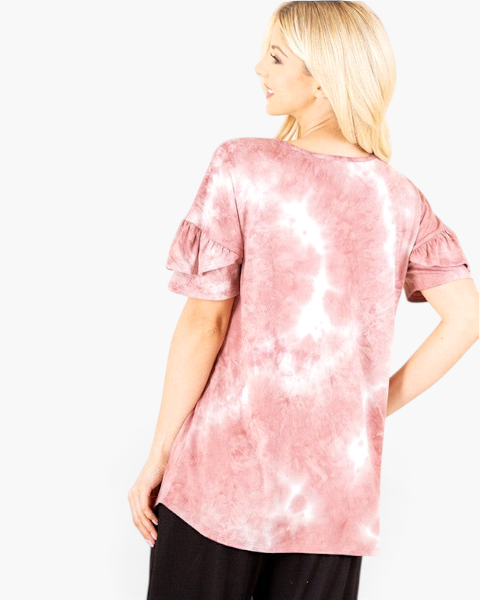 Beach Rose Co. mauve and white tie-dye top with layered ruffle sleeves, shown from the back on a blonde model.
