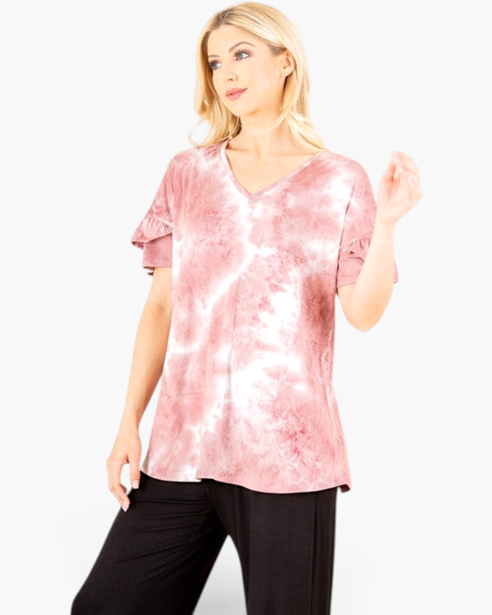 Beach Rose Co. mauve tie-dye V-neck top with layered ruffle sleeves worn by a blonde model against a white background.