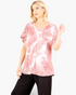 Beach Rose Co. mauve tie-dye V-neck top with layered ruffle sleeves worn by a blonde model against a white background.