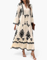 Beach Rose Co. cream maxi dress with black medallion print, button-front bodice, and three-quarter bell sleeves.