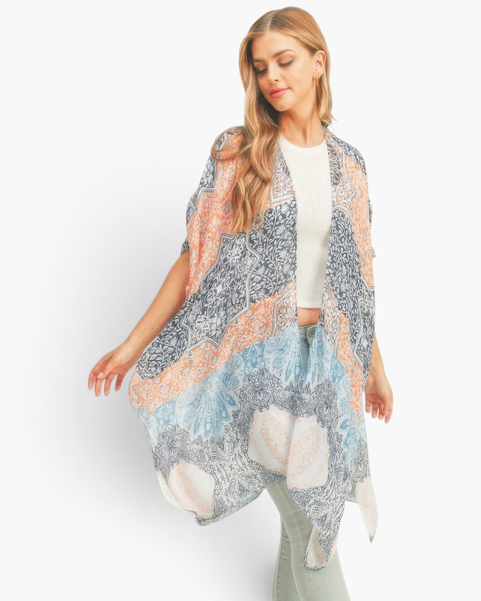 Beach Rose Co. ornate medallion print kimono in semi-sheer polyester with a draped open-front and wide sleeves.