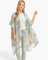 Beach Rose Co. lightweight kimono with an ornate medallion floral print, open front, and draped pointed hem.