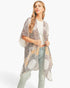 Model wearing a Beach Rose Co. lightweight kimono with an ornate medallion floral print and draped open-front design.