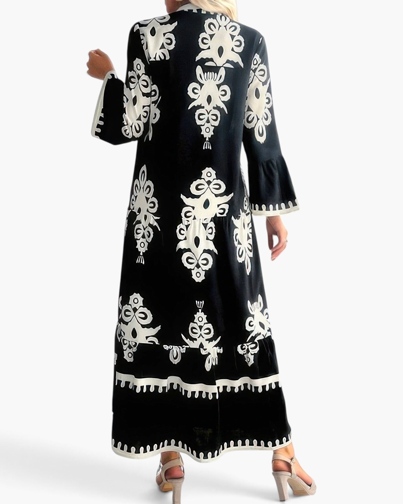 Beach Rose Co. black and white boho medallion print tiered maxi dress with bell sleeves and button-front detail